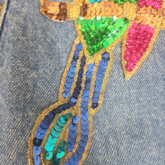 Vintage Jordache Denim Jacket Embellished Sequined Acid Wash Parrot Design Sz L - Picture 3 of 16